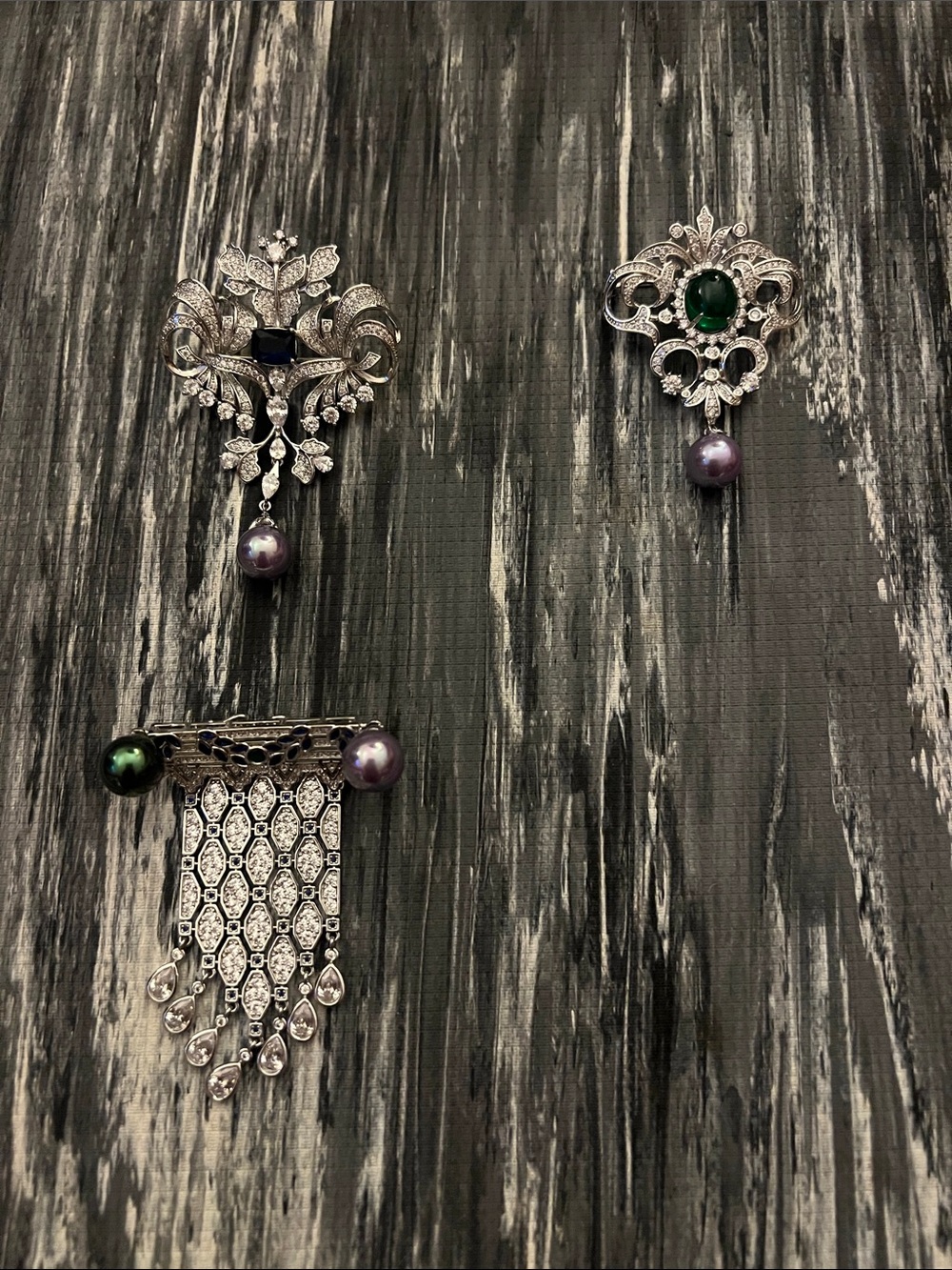 Vintage-Inspired Silver Filigree Brooch with Green and Purple Accents